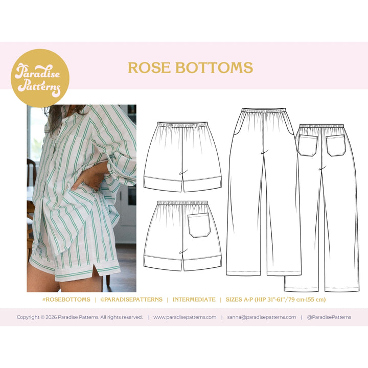 Rose bottoms pattern with a person wearing a striped shirt and shorts, and line drawings of the pants.