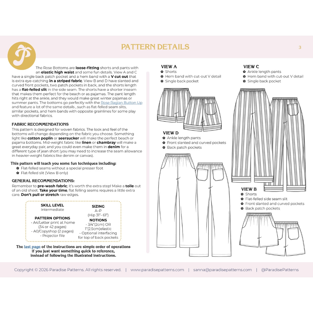 Pattern details for pants with various views and fabric recommendations on a white background.