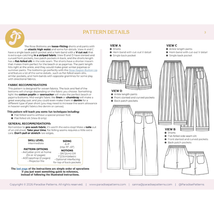 Pattern details for pants with various views and fabric recommendations on a white background.