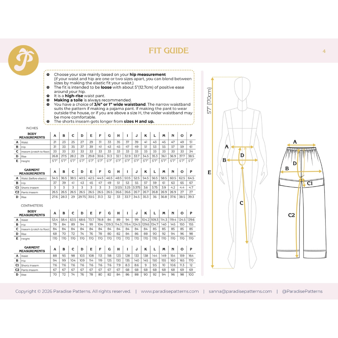 Fit guide for pants with measurements and a mannequin illustration on a white background.