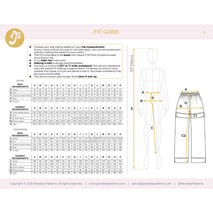 Fit guide for pants with measurements and a mannequin illustration on a white background.