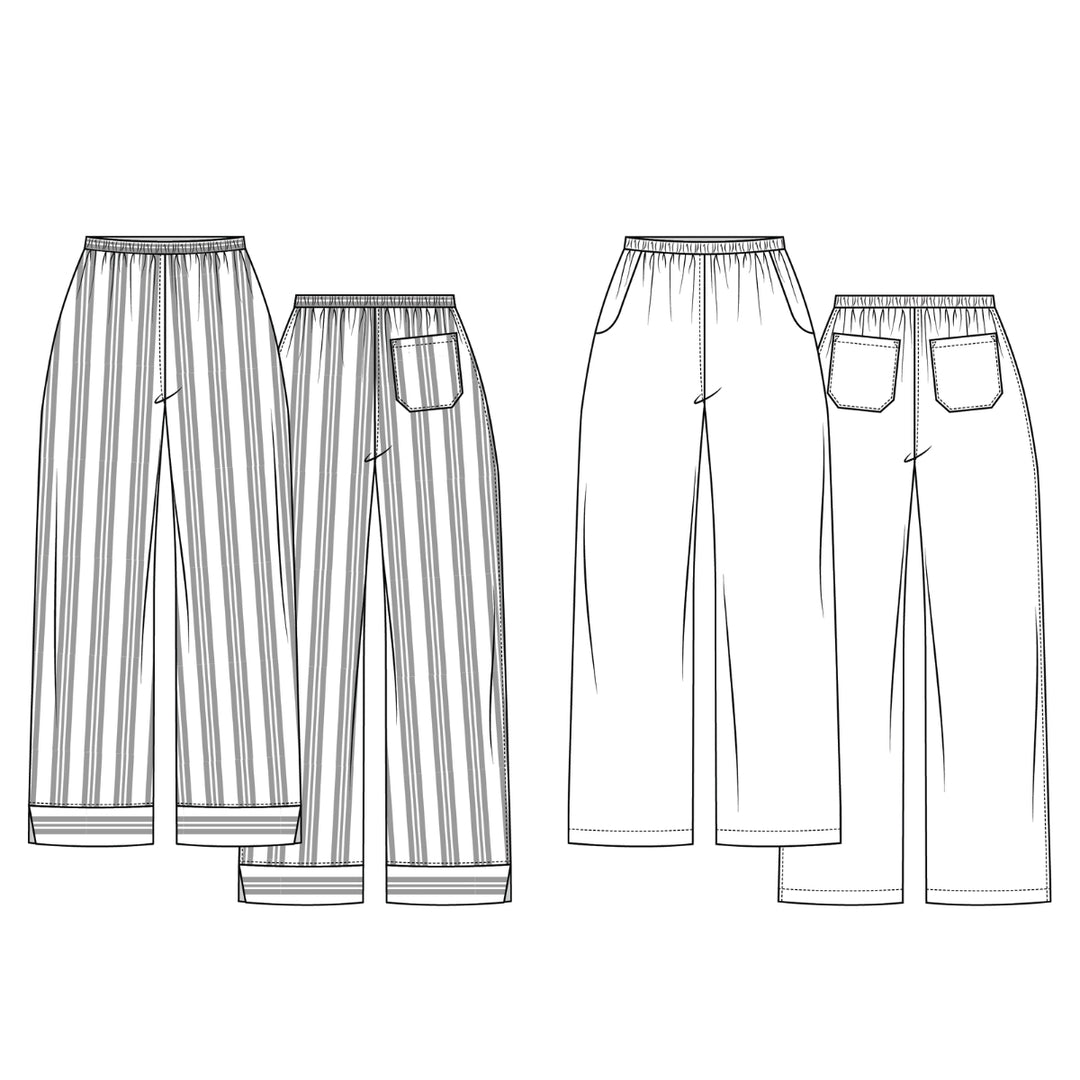Line drawings of wide-leg pants with and without pockets on a white background