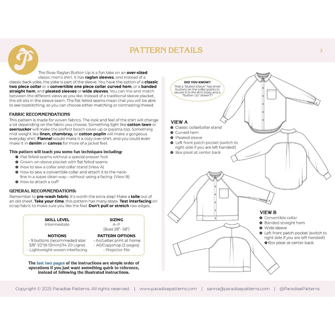 Pattern details for a shirt design with fabric recommendations and measurements on a white background.