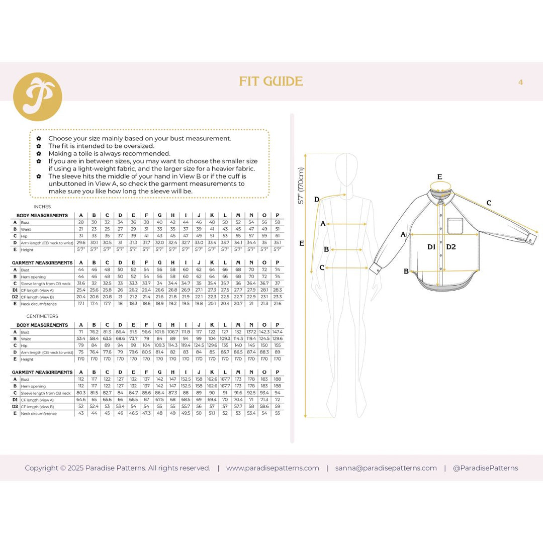Fit guide for a garment with measurements and a diagram on a white background.