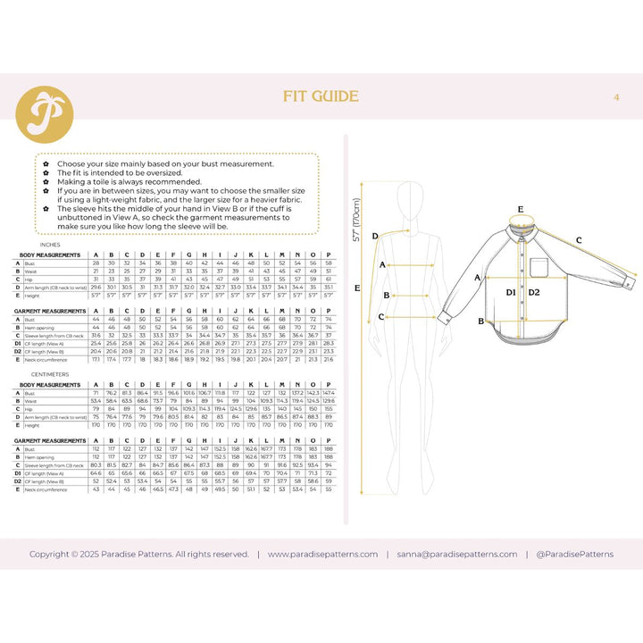 Fit guide for a garment with measurements and a diagram on a white background.