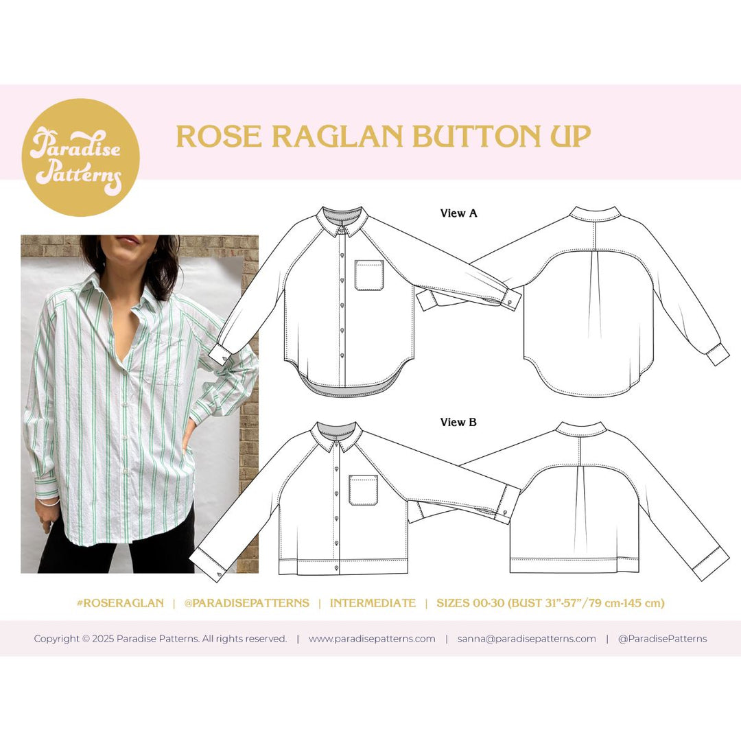 Rose Raglan Button Up sewing pattern with a person wearing a shirt and technical drawings.