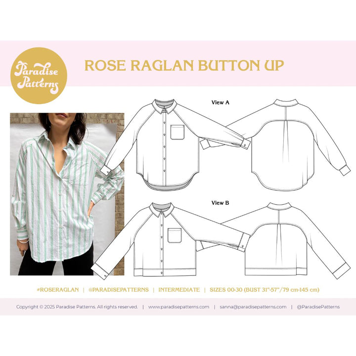 Rose Raglan Button Up sewing pattern with a person wearing a shirt and technical drawings.