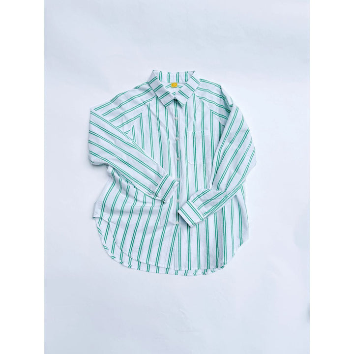 Green and white striped shirt on a light gray background