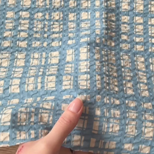 Sevenberry Powder Blue Grid Ripple Seersucker Cotton Fabric for dressmaking