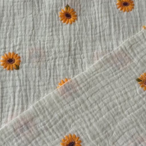 Sunflower Scatter Embroidered Cotton Double Gauze Fabric for dressmaking
