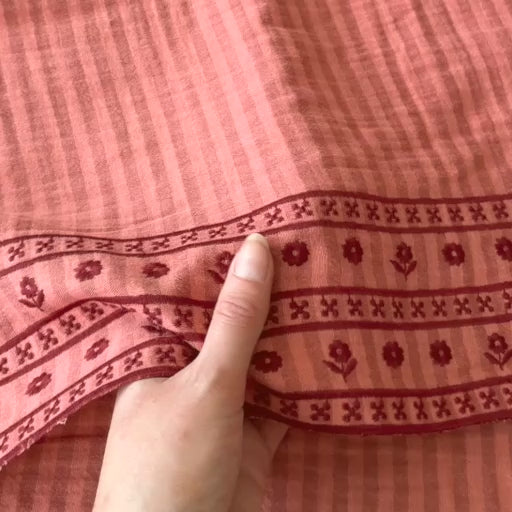 Peach Folk Embroidered Border Cotton Double Gauze Fabric
