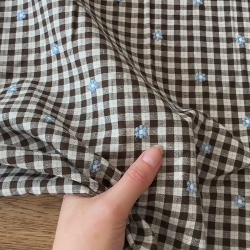 Pecan Embroidered Daisy Check Cotton Viscose Fabric