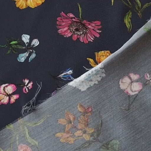 Liberty Bickington viscose satin Fleeting Flora B fabric, soft floral satin for dressmaking.