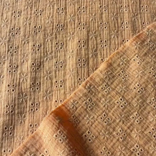 Ochre Ditsy Embroidered Cotton Double Gauze Fabric for dressmaking
