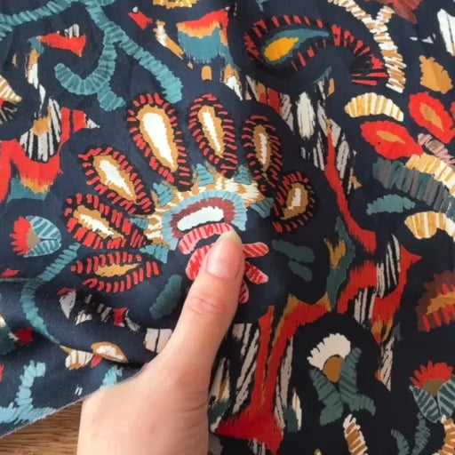 Folk Tapestry Viscose Satin Fabric
