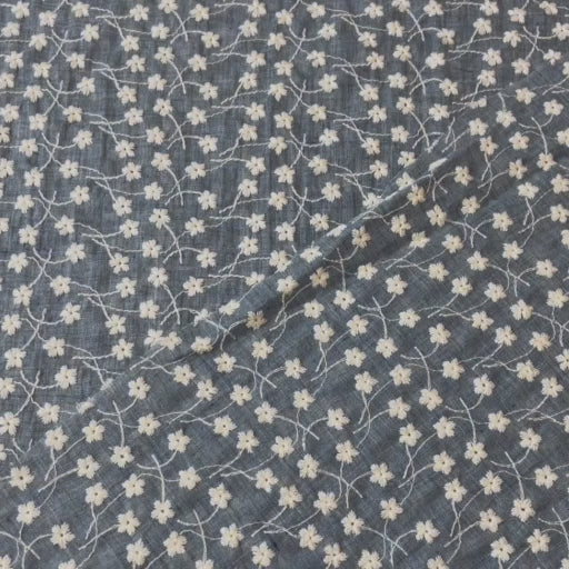 Denim blue embroidered cotton voile dressmaking fabric
