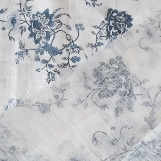 White linen fabric with blue floral pattern