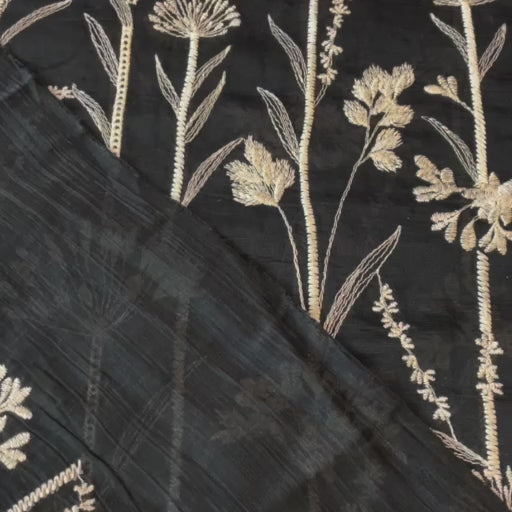 Black embroidered stems lyocell blend fabric for dressmaking