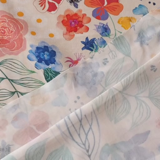 Cream Bee Happy Blooms Ecovero viscose fabric with floral and bee print, exclusive to Guthrie & Ghani.