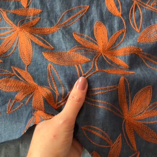 Copper Canopy Embroidered Cotton Chambray Fabric