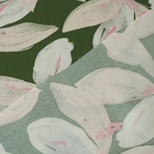 Olive tropical floral viscose fabric with pink accents for dressmaking