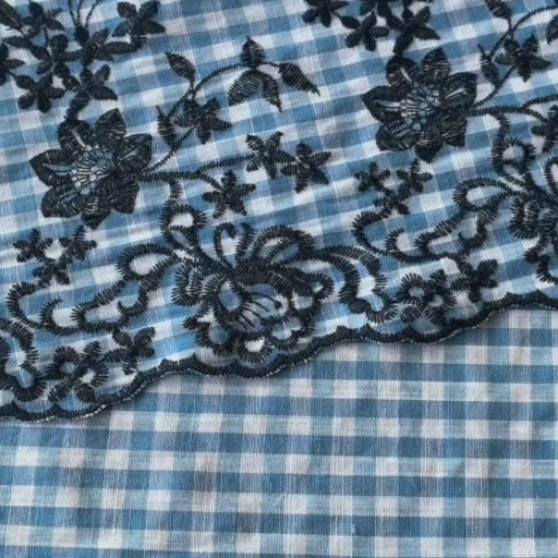 Blue Gingham Embroidered Border Cotton Fabric for dressmaking