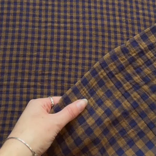 Ginger & Navy Check Cotton Double Gauze Fabric