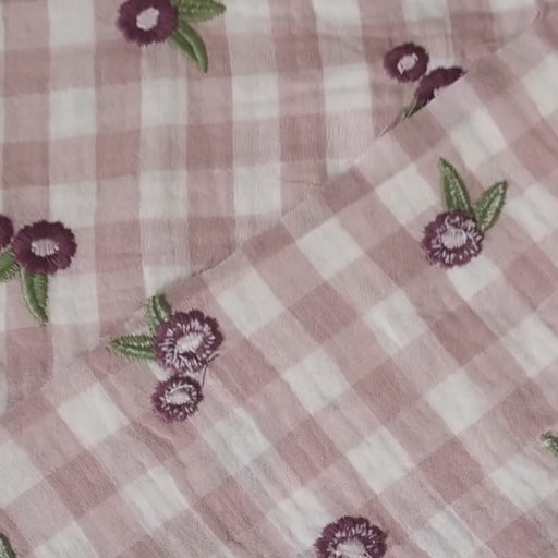 Wildflower gingham embroidered cotton double gauze fabric for dressmaking tops