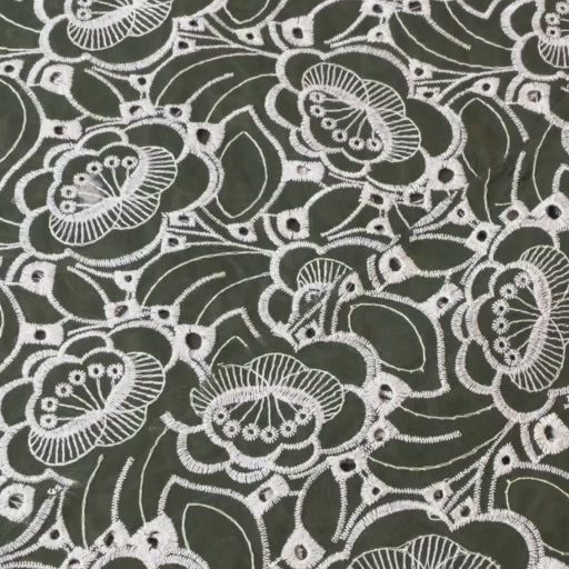 Khaki green puzzle floral embroidered cotton poplin fabric for dressmaking