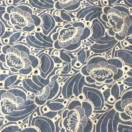 Sky blue puzzle floral embroidered cotton poplin fabric for dressmaking