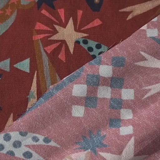 Fabric Godmother Soleil Maroon Viscose Crepe Fabric – maroon viscose crepe with celestial print