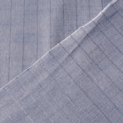 Pale blue chambray cotton dressmaking fabric with subtle silver lurex vertical stripe