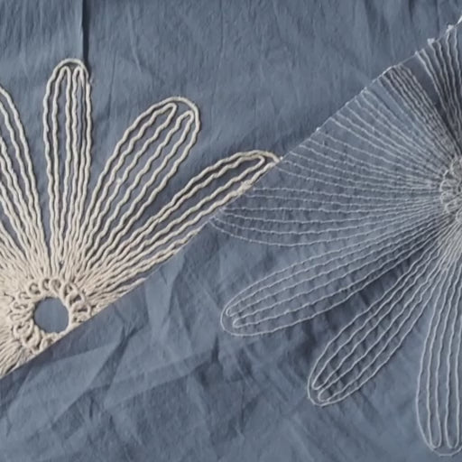 Chalky blue large scale embroidered daisy cotton dressmaking fabric