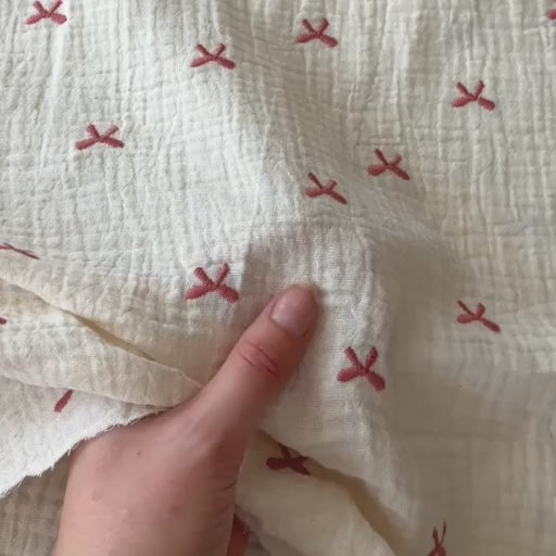 Cream Embroidered Bows Cotton Double Gauze Fabric