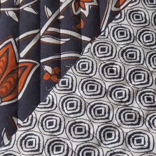 Indigo Botanica reversible quilted cotton fabric with detailed floral design