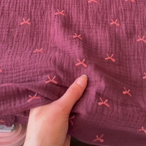 Plum Embroidered Bows Cotton Double Gauze Fabric
