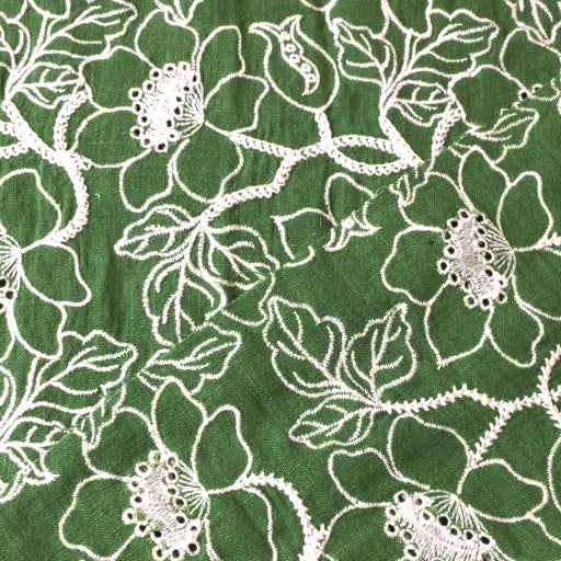 Fresh green floral embroidered viscose linen dressmaking fabric