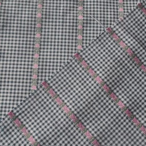 Navy and white gingham cotton fabric with pink floral striped jacquard design
