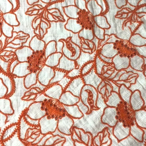 Mandarin orange floral embroidered viscose linen dressmaking fabric