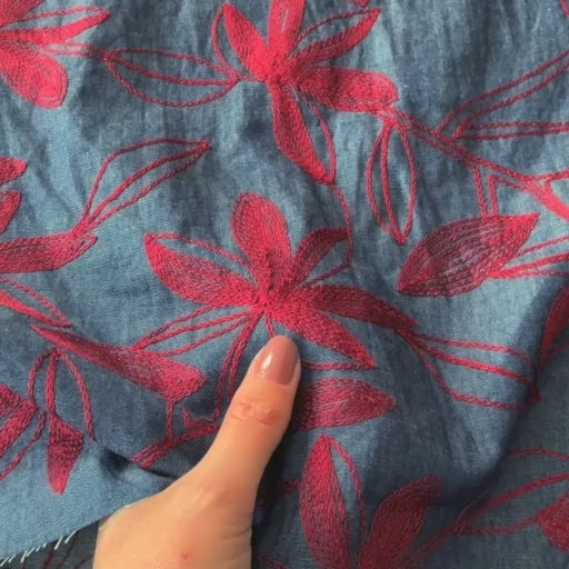 Crimson Canopy Embroidered Cotton Chambray Fabric