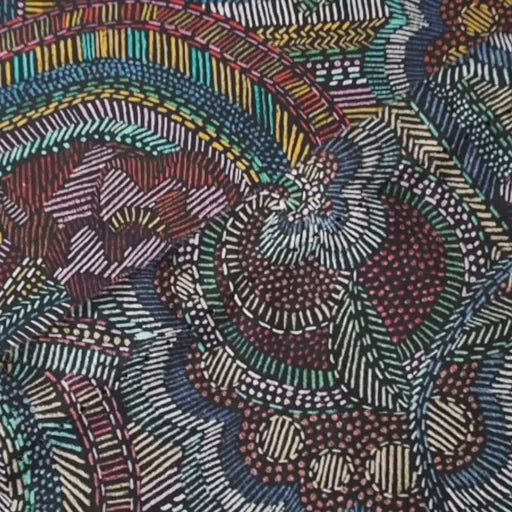 Close-up of a colorful Liberty patterned fabric with intricate designs.