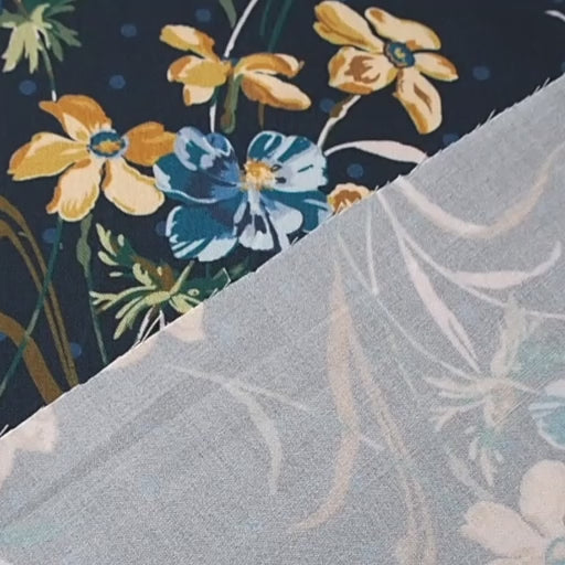 Liberty Weymouth viscose twill fabric in Poppy and Daffodil print, soft floral twill.