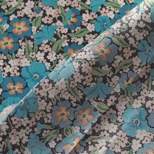 Liberty floral fabric pattern with blue, orange, and white flowers on a black background