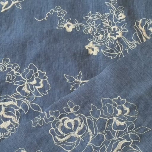 Floral Lines Embroidered Cotton Chambray Fabric for dressmaking