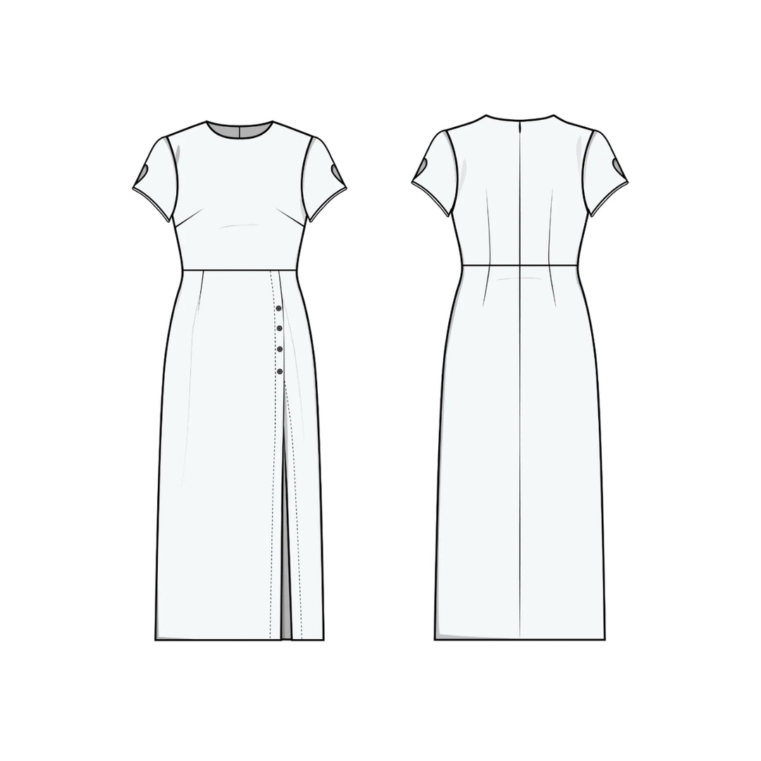 Technical drawing of a dress with front and back views on a white background