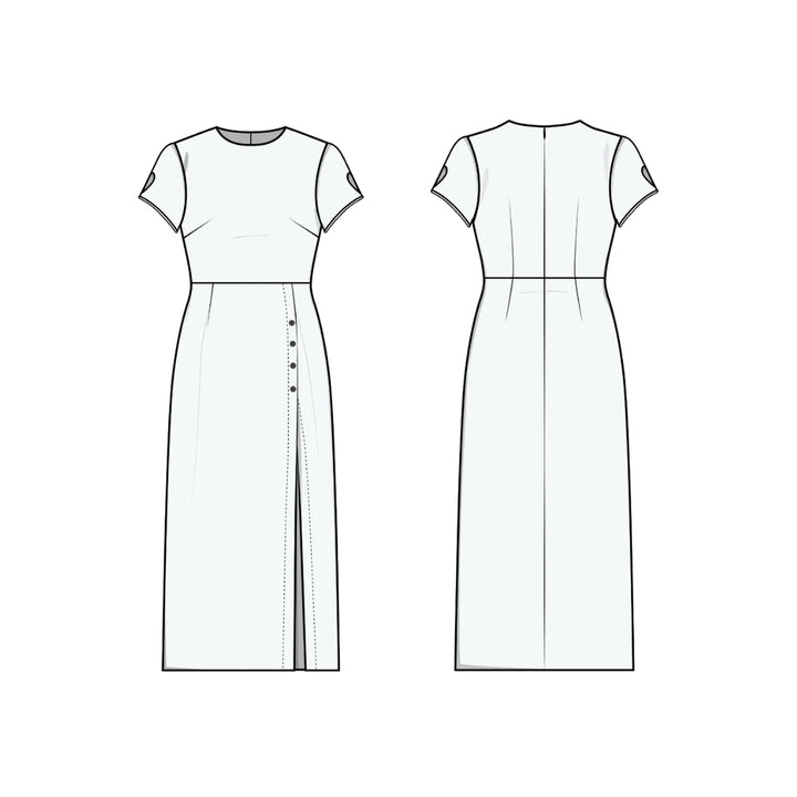 Technical drawing of a dress with front and back views on a white background