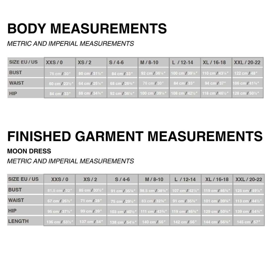 Measurement chart for body and finished garment dimensions with metric and imperial measurements.
