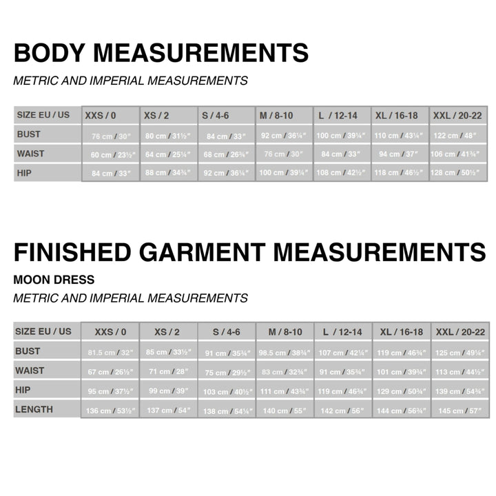 Measurement chart for body and finished garment dimensions with metric and imperial measurements.
