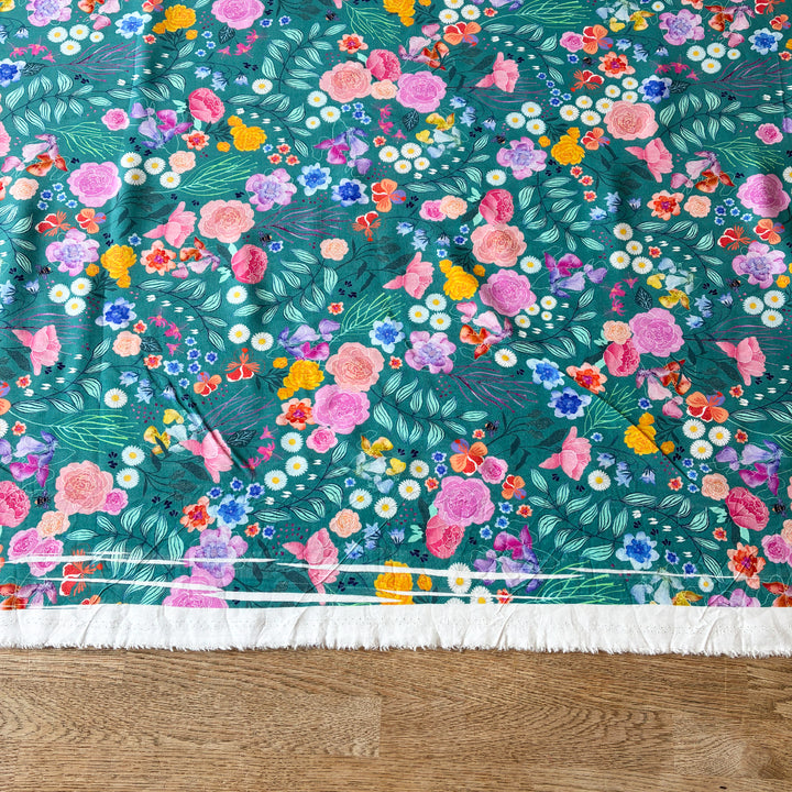 BLEMISHED Teal Bee Happy Blooms Viscose Fabric - Cut Length 3.3m x 137cm