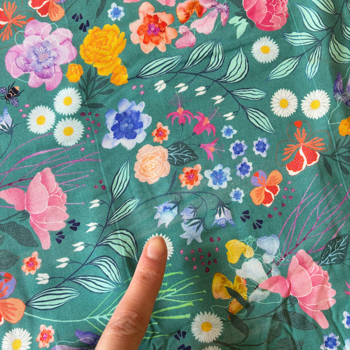 BLEMISHED Teal Bee Happy Blooms Viscose Fabric - Cut Length 3.3m x 137cm